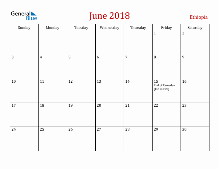 Ethiopia June 2018 Calendar - Sunday Start
