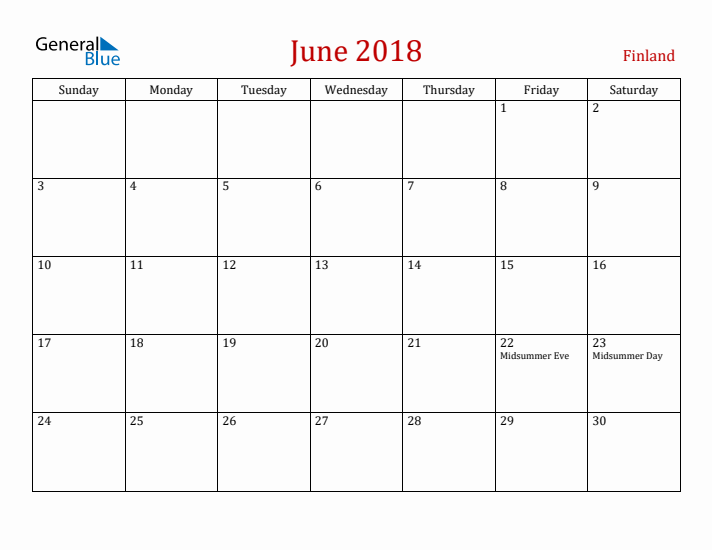 Finland June 2018 Calendar - Sunday Start