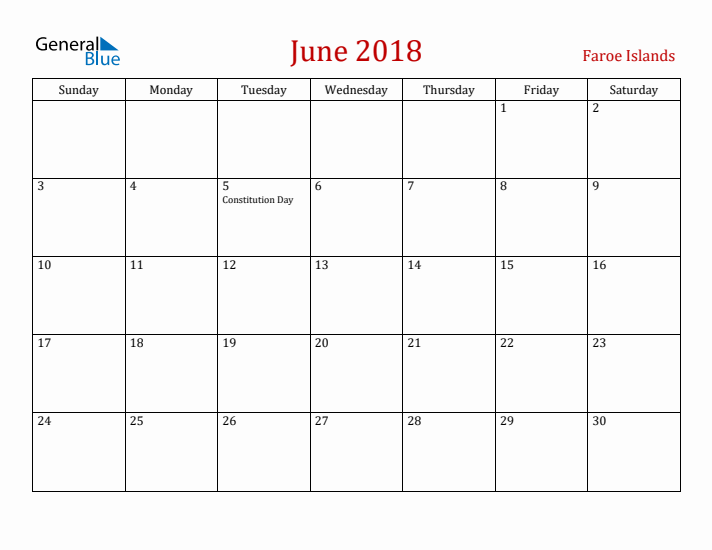 Faroe Islands June 2018 Calendar - Sunday Start