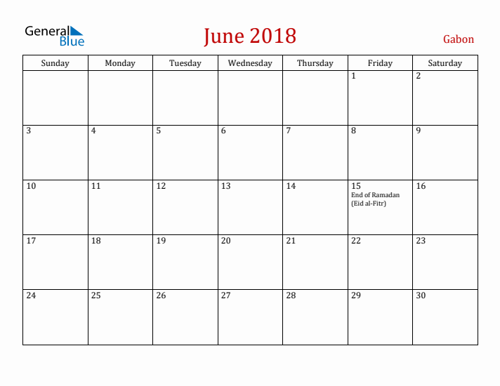 Gabon June 2018 Calendar - Sunday Start