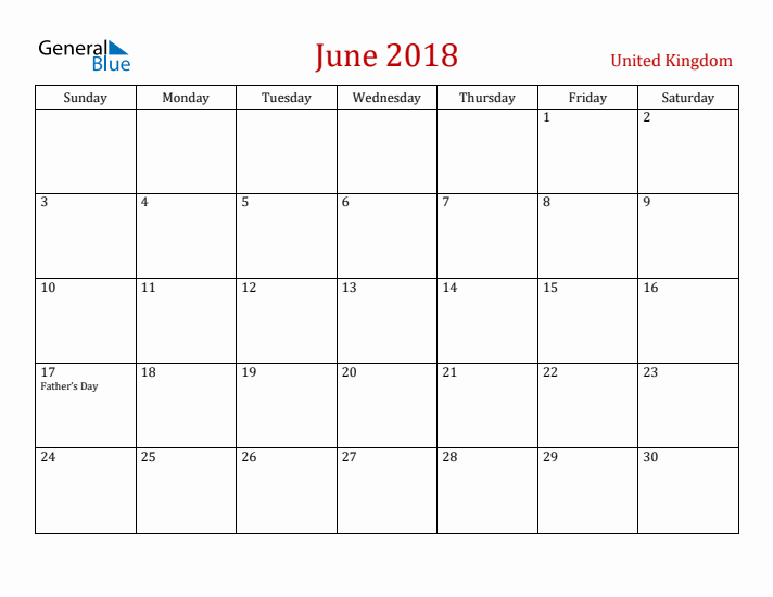 United Kingdom June 2018 Calendar - Sunday Start