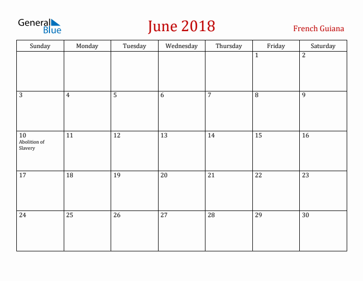 French Guiana June 2018 Calendar - Sunday Start