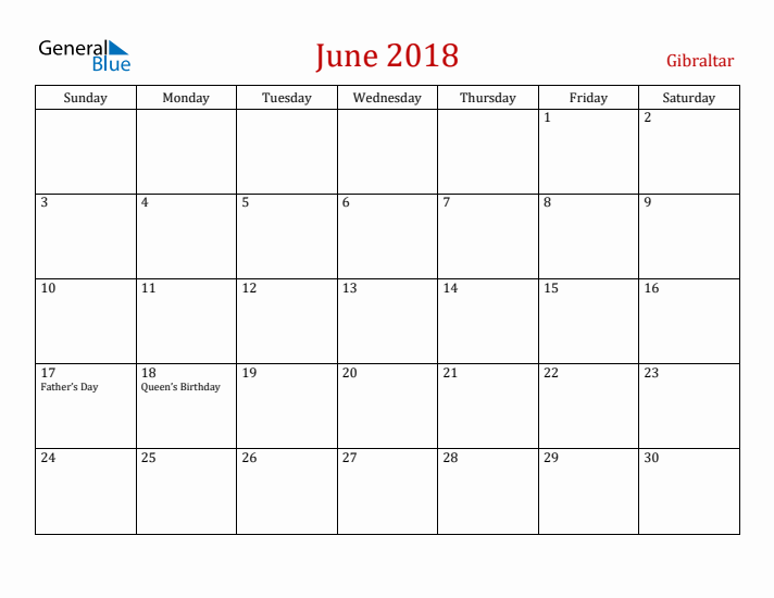Gibraltar June 2018 Calendar - Sunday Start
