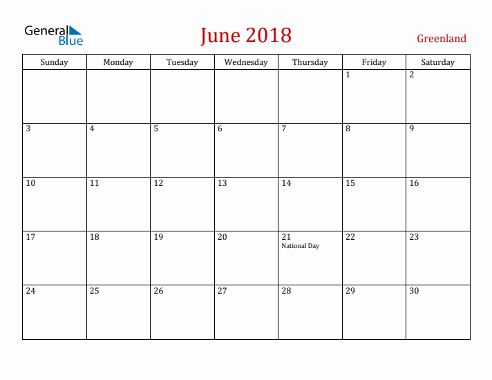 Greenland June 2018 Calendar - Sunday Start