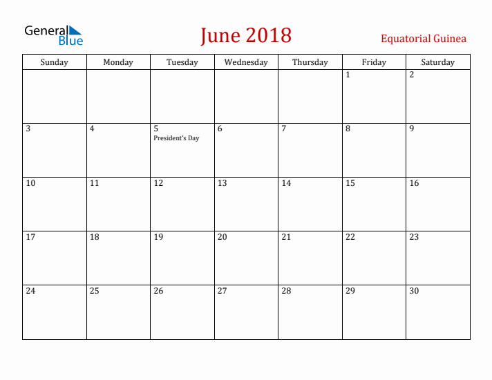 Equatorial Guinea June 2018 Calendar - Sunday Start