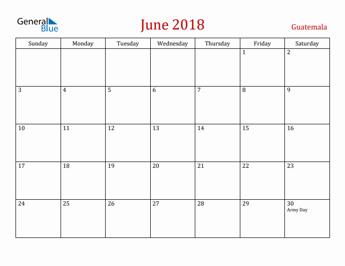 Guatemala June 2018 Calendar - Sunday Start