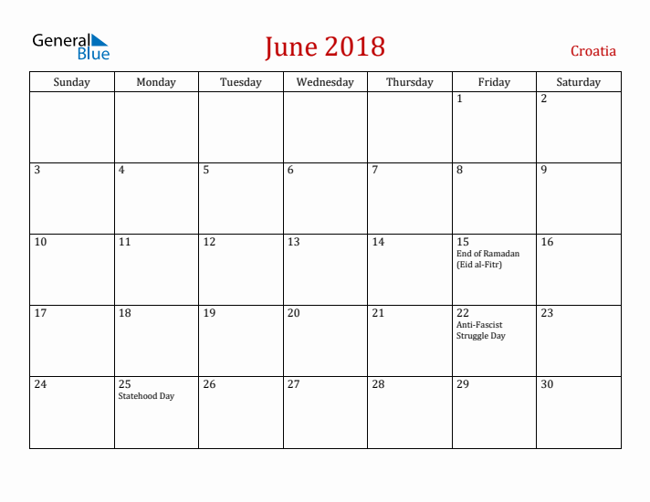 Croatia June 2018 Calendar - Sunday Start