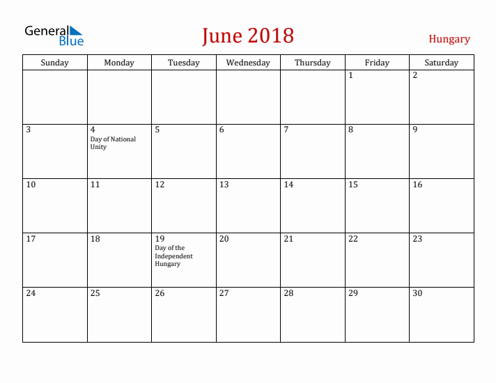 Hungary June 2018 Calendar - Sunday Start