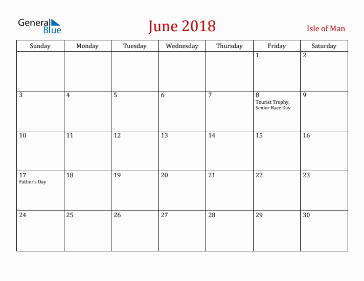 Isle of Man June 2018 Calendar - Sunday Start