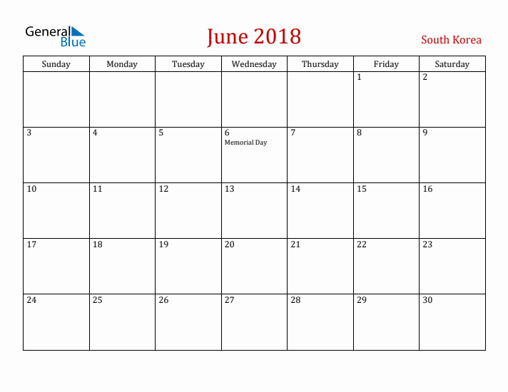 South Korea June 2018 Calendar - Sunday Start