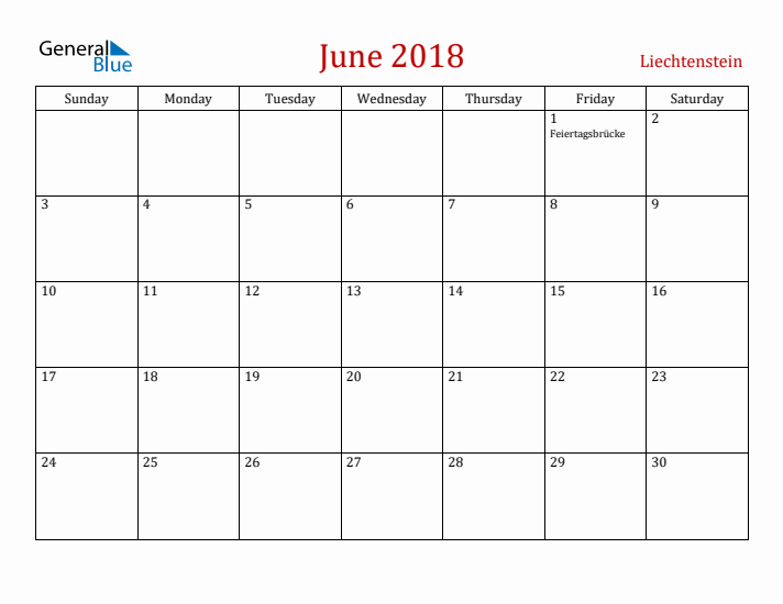 Liechtenstein June 2018 Calendar - Sunday Start