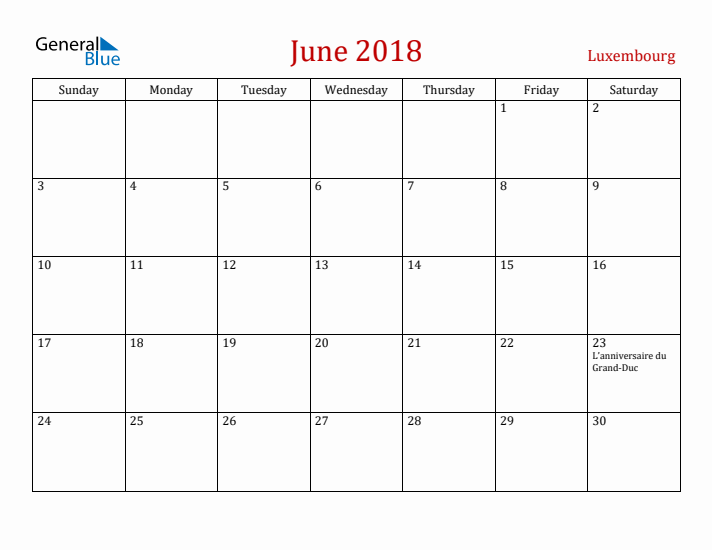 Luxembourg June 2018 Calendar - Sunday Start