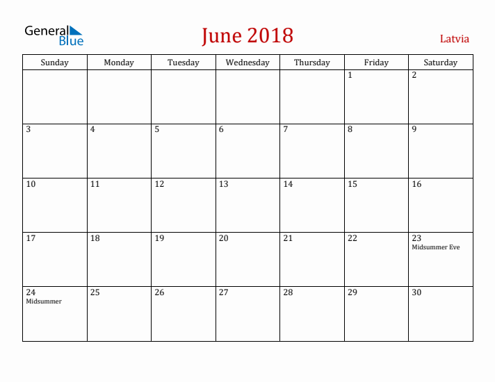 Latvia June 2018 Calendar - Sunday Start