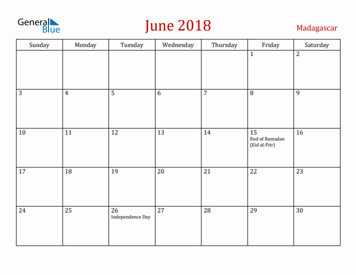 Madagascar June 2018 Calendar - Sunday Start