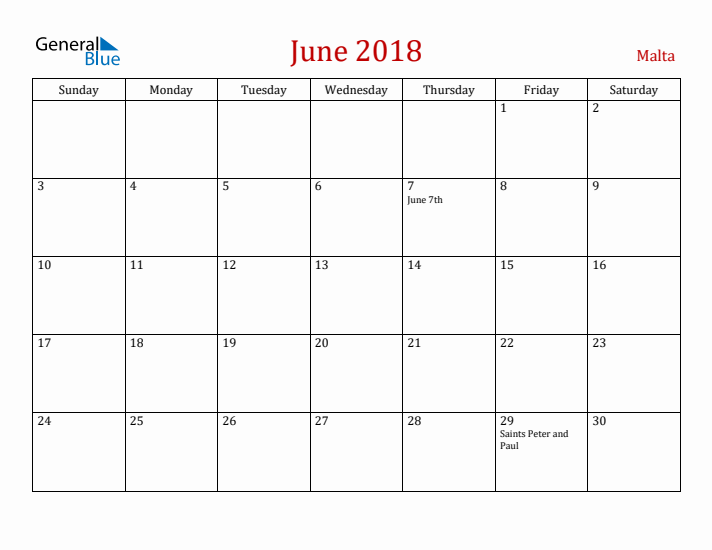 Malta June 2018 Calendar - Sunday Start