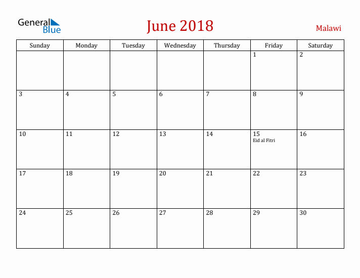 Malawi June 2018 Calendar - Sunday Start