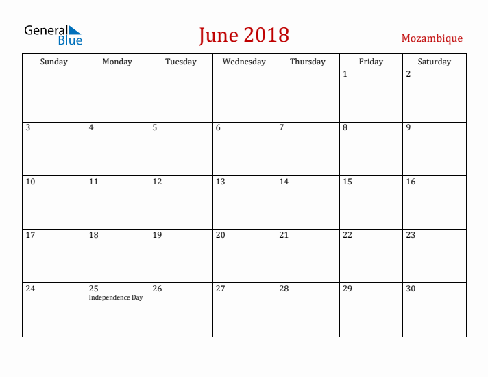 Mozambique June 2018 Calendar - Sunday Start