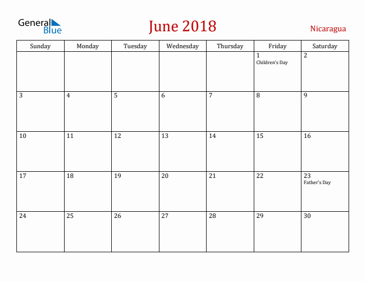 Nicaragua June 2018 Calendar - Sunday Start