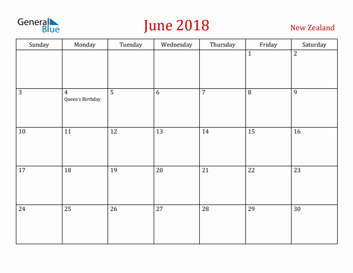 New Zealand June 2018 Calendar - Sunday Start
