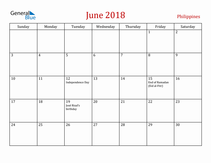 Philippines June 2018 Calendar - Sunday Start