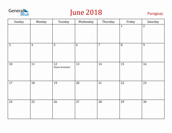 Paraguay June 2018 Calendar - Sunday Start
