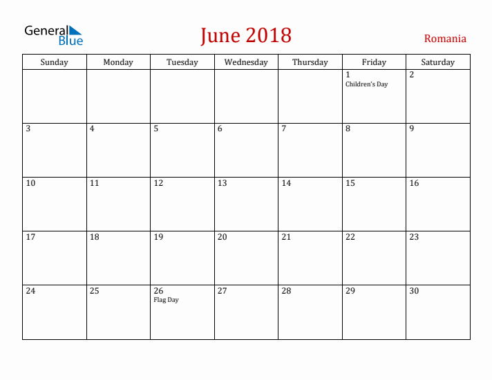 Romania June 2018 Calendar - Sunday Start