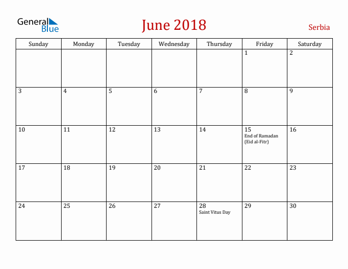 Serbia June 2018 Calendar - Sunday Start