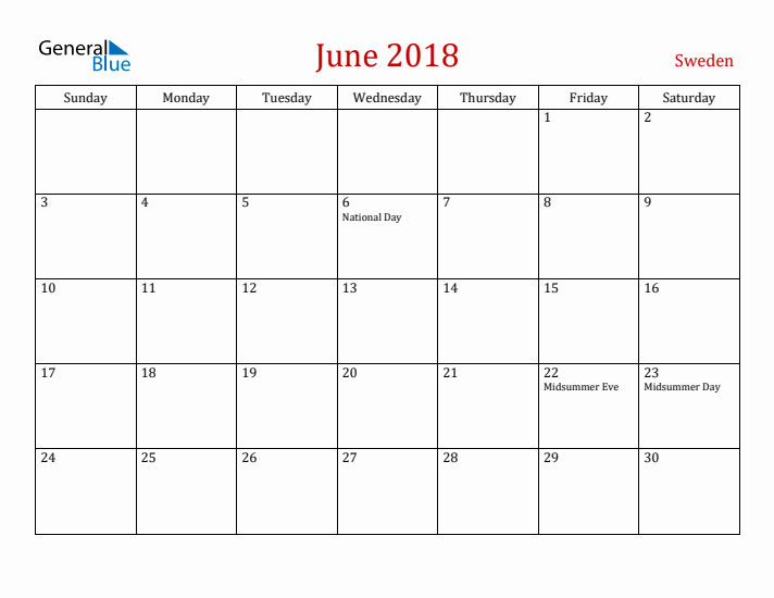 Sweden June 2018 Calendar - Sunday Start