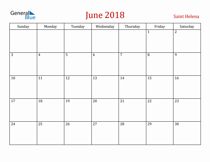 Saint Helena June 2018 Calendar - Sunday Start