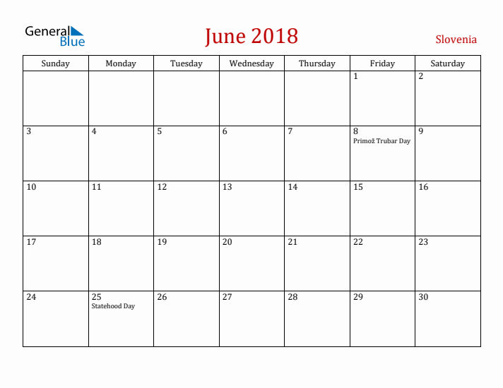 Slovenia June 2018 Calendar - Sunday Start