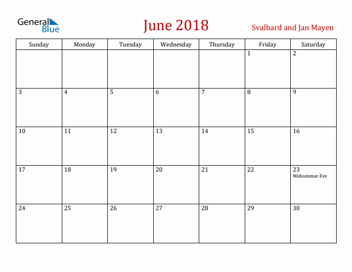 Svalbard and Jan Mayen June 2018 Calendar - Sunday Start