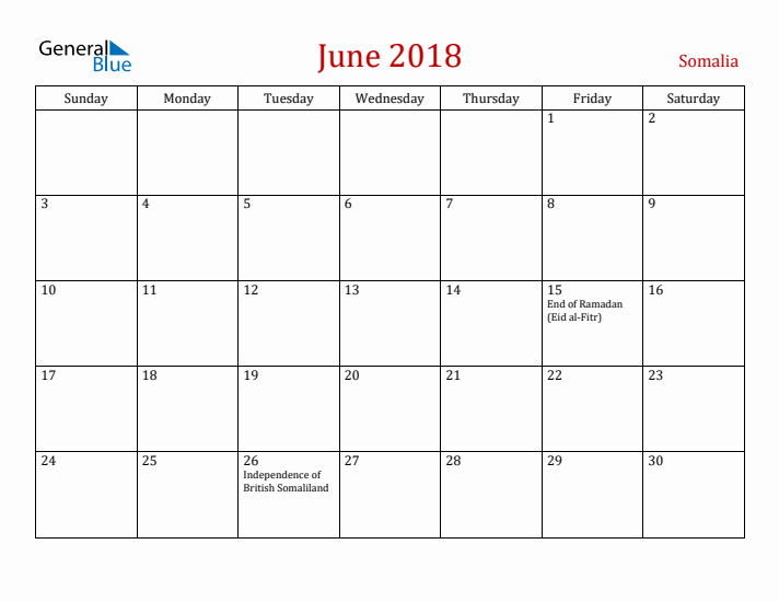 Somalia June 2018 Calendar - Sunday Start