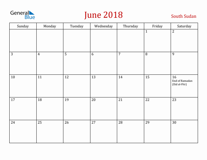 South Sudan June 2018 Calendar - Sunday Start
