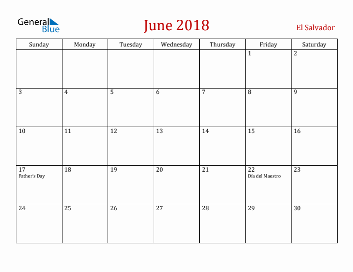 El Salvador June 2018 Calendar - Sunday Start