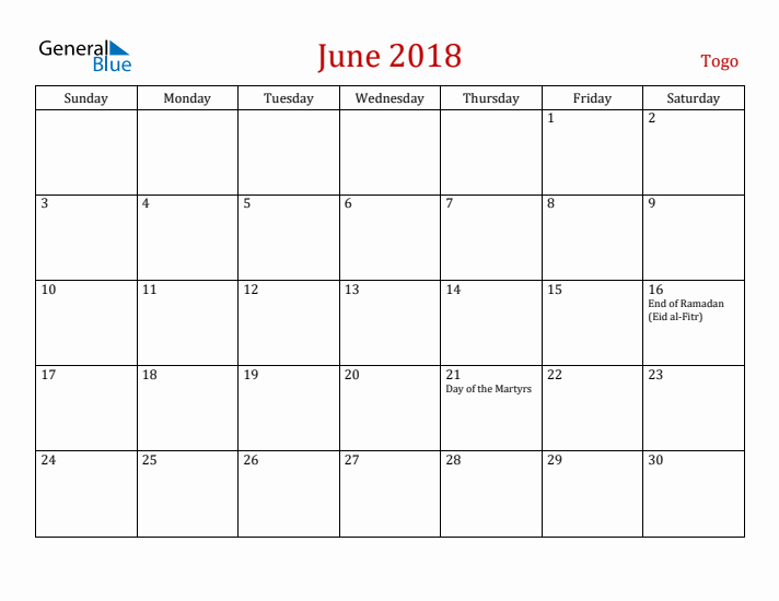 Togo June 2018 Calendar - Sunday Start