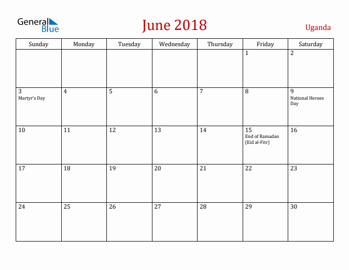 Uganda June 2018 Calendar - Sunday Start
