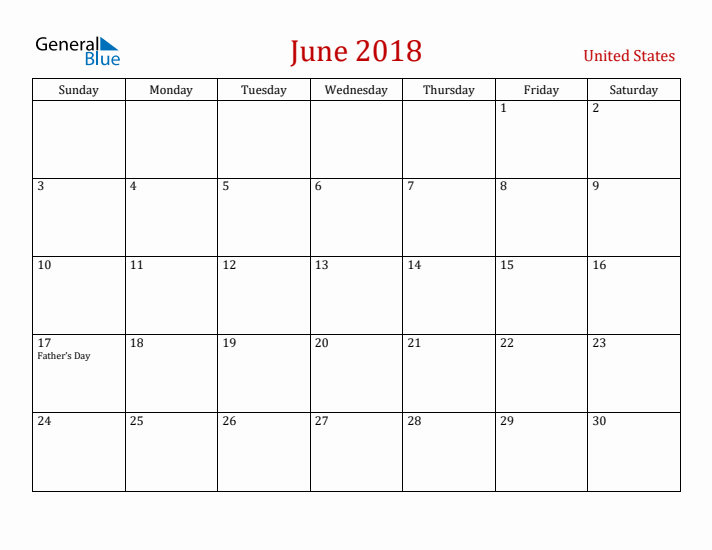 United States June 2018 Calendar - Sunday Start
