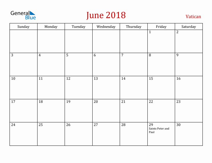 Vatican June 2018 Calendar - Sunday Start