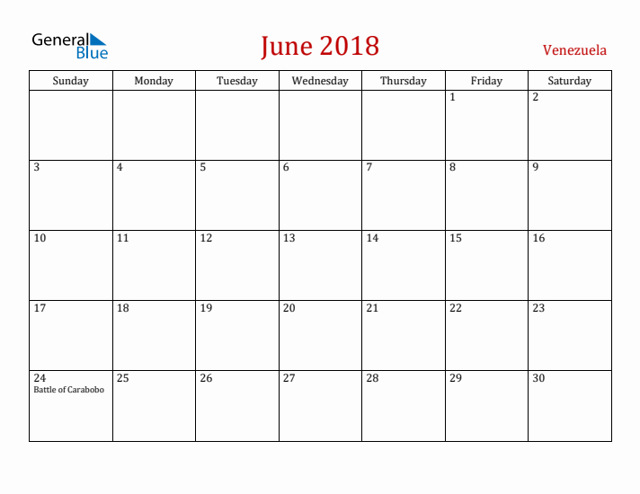 Venezuela June 2018 Calendar - Sunday Start
