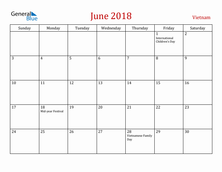 Vietnam June 2018 Calendar - Sunday Start
