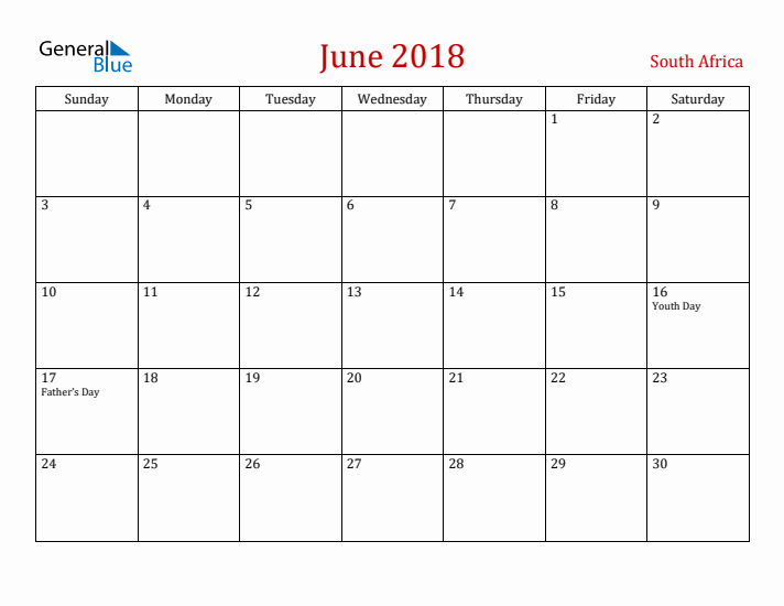South Africa June 2018 Calendar - Sunday Start