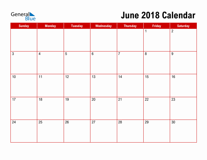 Simple Monthly Calendar - June 2018