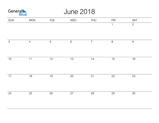  Printable June 2018 Calendar