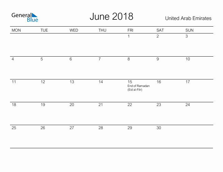 Printable June 2018 Calendar for United Arab Emirates
