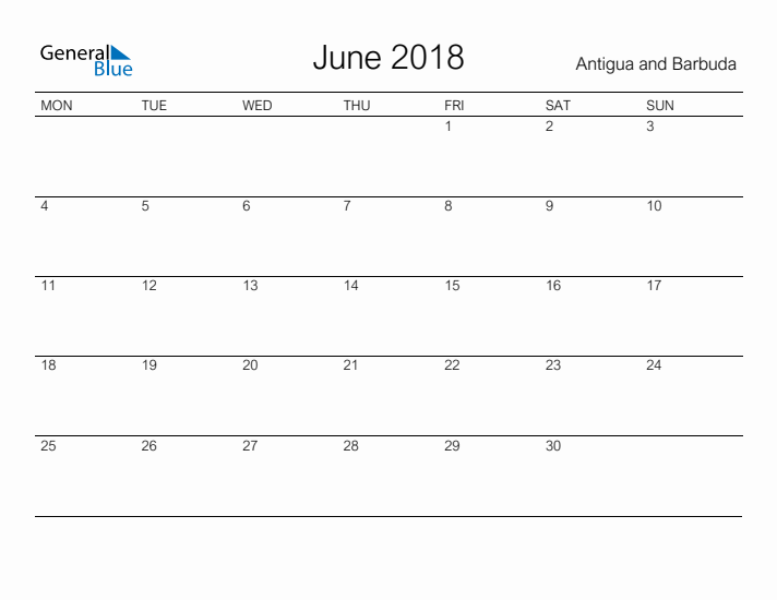 Printable June 2018 Calendar for Antigua and Barbuda