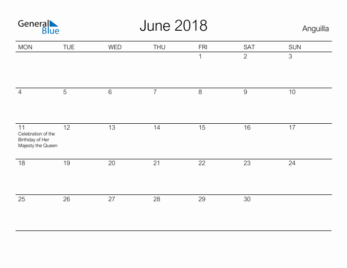 Printable June 2018 Calendar for Anguilla