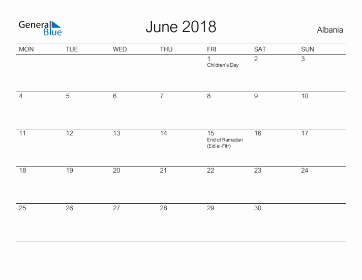 Printable June 2018 Calendar for Albania