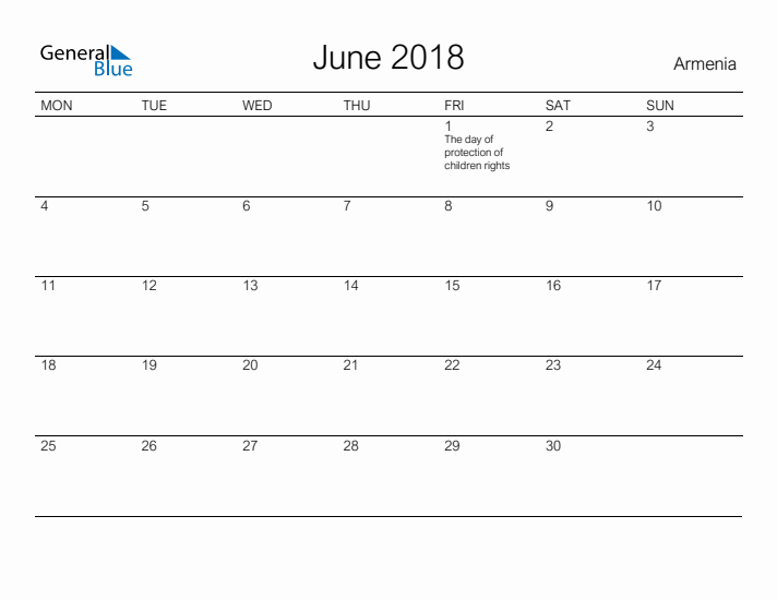 Printable June 2018 Calendar for Armenia