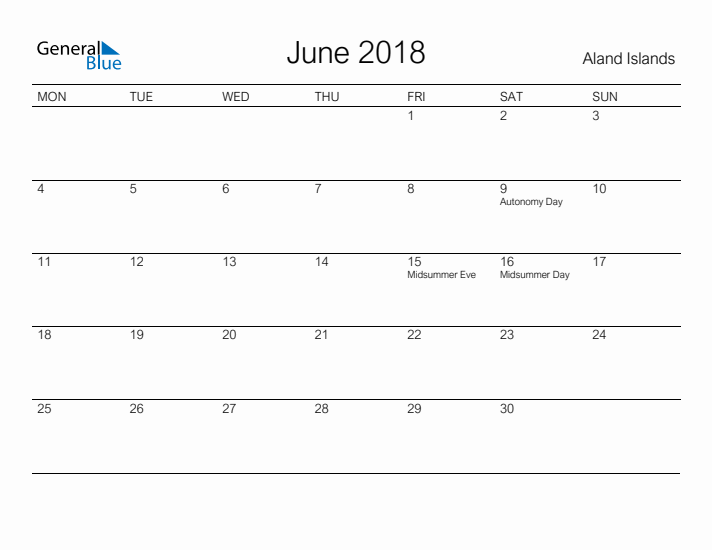 Printable June 2018 Calendar for Aland Islands