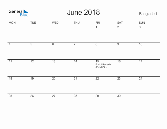 Printable June 2018 Calendar for Bangladesh